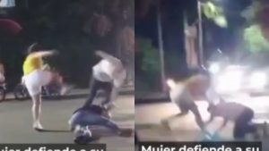 Mujer dio tremenda patada voladora y defendió a su esposo en pelea callejera