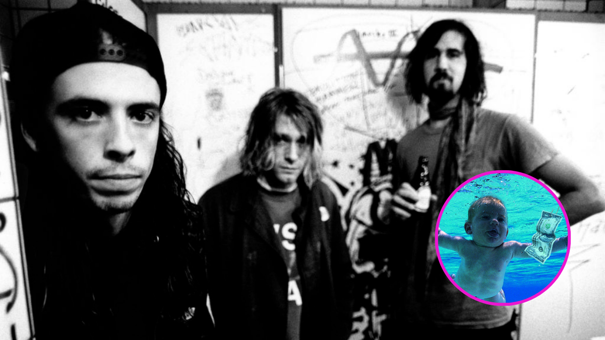 Integrantes de Nirvana y carátula de 'Nevermind'.