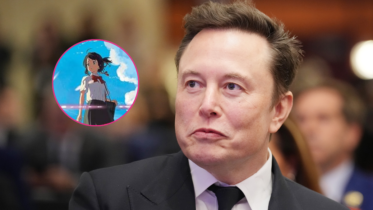 Elon Musk y al lado una parte de la portada de la película 'Your Name' (Fotos vía Getty Images y COLPRENSA)