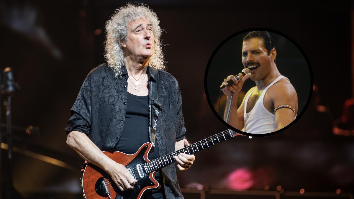 Imagen de Brian May junto a su guitarra y foto de Freddie Mercury